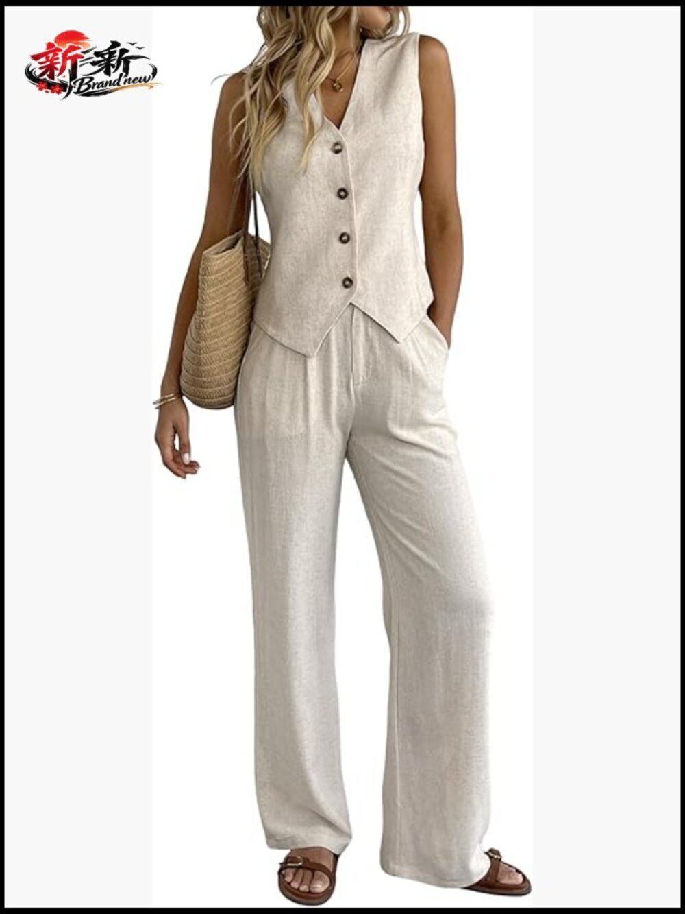 2 Piece Linen Blend Vest And Wide Leg Pants Outfit Set